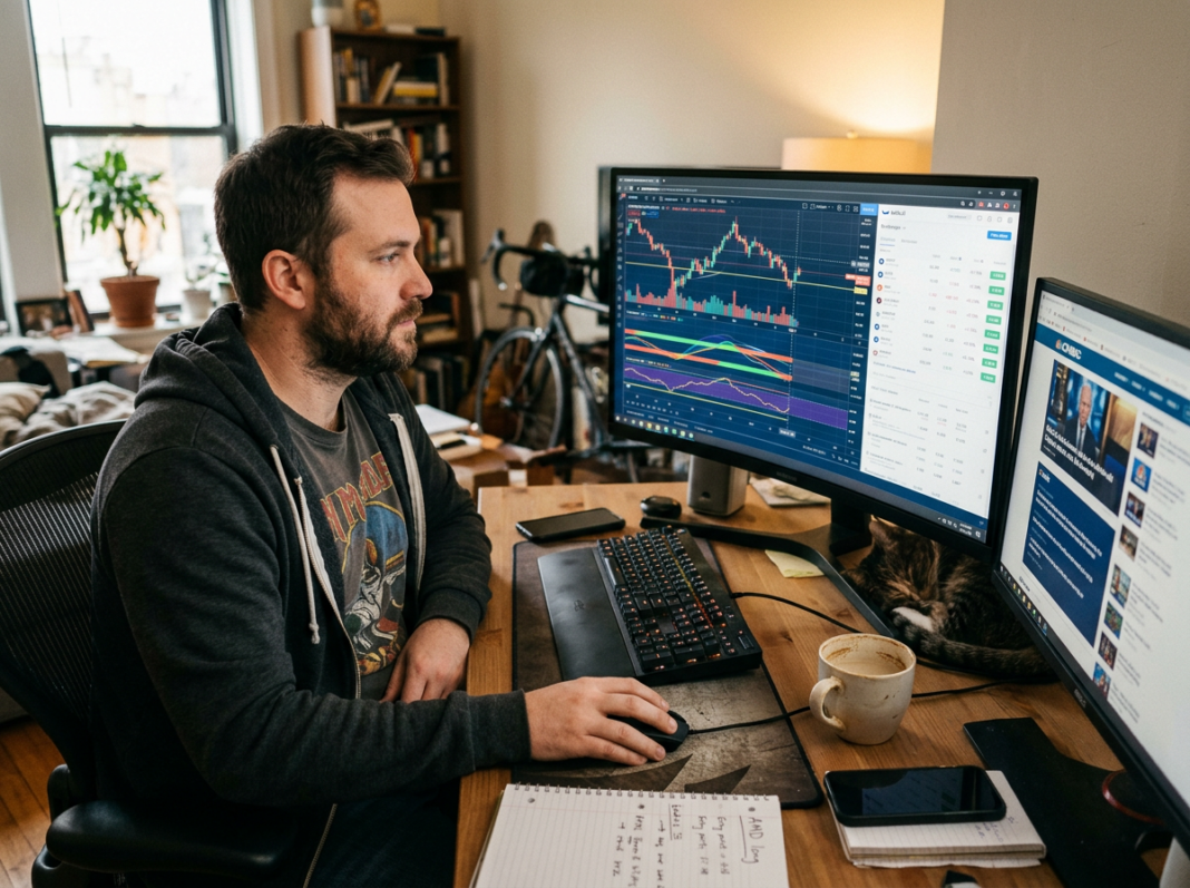 Man working on stock market analysis using dual computer monitors in a home office